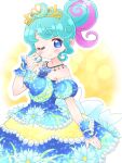  1girl blue_dress blue_eyes blue_flower blue_hair blush closed_mouth commentary_request crescent detached_sleeves dress flower hair_bun hand_up highres ikzw jewelry looking_at_viewer multicolored_hair necklace one_eye_closed pink_hair pinon_(pripara) pretty_series pripara puffy_detached_sleeves puffy_sleeves sidelocks single_side_bun smile solo standing streaked_hair tiara wrist_cuffs 