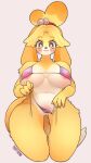 absurd_res animal_crossing anthro bikini blonde_hair blush breasts canid canine canis clothing domestic_dog female fullpillow_(artist) fur genitals hair hi_res isabelle_(animal_crossing) kneeling mammal nintendo pussy smile solo swimwear wide_hips yellow_body yellow_fur