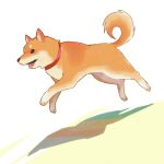  abstract_background animal animal_focus black_eyes collar commentary_request dog from_side full_body jumping looking_ahead no_humans original red_collar rui_(veranda) shadow shiba_inu simple_background solo tongue white_background 