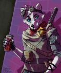 absurd_res anthro bandanna beverage_can bulletproof_vest call_of_duty:_cold_war canid canine canis eyewear eyewear_on_head gas_mask goggles goggles_on_head hi_res kerchief leaning_on_wall male mammal mask solo sydney_onmars wolf