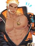  1boy abs bandaid bandaid_on_cheek bandaid_on_face bara bare_pectorals beard_stubble blonde_hair blush commentary dog_tags earrings emphasis_lines firefighter gloves highres jewelry kimi6666 large_pectorals looking_at_viewer male_focus multicolored_hair muscular muscular_male navel_hair nipples one_eye_closed open_jumpsuit opened_by_self pectorals scar scar_on_face short_hair single_earring solo sparse_chest_hair thick_eyebrows tokyo_afterschool_summoners tongue tongue_out two-tone_hair ulaanbaatar_(housamo) upper_body white_background white_hair 