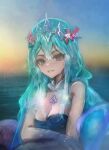  1girl absurdres blue_eyes blue_hair blue_sky blush coral_hair_ornament crown highres liquid_hair long_hair looking_at_viewer mythoshq poseidon_(vtuber) sidelocks sky smile solo taku_artworks virtual_youtuber water 