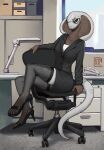 anthro bottomwear brown_body brown_scales business_attire business_suit chair clothed clothing cobra ethrk eyewear female footwear fully_clothed furniture glasses hi_res high_heels inside legwear office office_chair office_lady reptile scales scalie sitting skirt snake snake_hood solo suit tail thigh_highs white_body white_scales