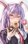  1girl black_jacket breasts chocolate_doughnut doughnut food food_in_mouth highres jacket looking_at_viewer maboroshi_mochi necktie open_clothes open_jacket pink_doughnut purple_hair purple_nails red_eyes red_necktie reisen_udongein_inaba shirt solo suit_jacket sweatdrop touhou white_background white_shirt 