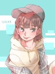  1girl baseball_cap blush brown_hair character_name collarbone commentary_request grey_headwear hat highres hood hood_down hoodie kashikaze looking_at_viewer medium_hair off_shoulder real_life saitou_shuka solo tongue tongue_out upper_body voice_actor white_hoodie 