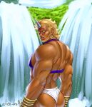  1boy absurdres ass bara battle_tendency blonde_hair dark-skinned_male dark_skin demonicboimike earrings expressionless from_behind highres hoop_earrings horns jewelry jojo_no_kimyou_na_bouken large_pectorals loincloth looking_at_viewer male_focus muscular muscular_male pectorals river sidepec single_horn solo tattoo thick_eyebrows thick_lips wamuu 