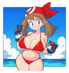  1girl alternate_breast_size alternate_costume bandana beach blue_eyes breasts brown_hair cloud cloudy_sky english_commentary gloves grin highres holding holding_poke_ball large_breasts looking_at_viewer may_(pokemon) poke_ball poke_ball_(basic) pokemon pokemon_(anime) pokemon_rse pokemon_rse_(anime) red_bandana short_hair sky smile solo stealth_brock 