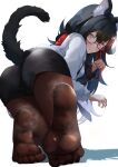  1girl :3 absurdres animal_ear_fluff animal_ears ass bent_over black_hair black_shorts black_tail breasts brown_pantyhose closed_mouth double-parted_bangs feet foot_focus full_body glasses hair_between_eyes hair_ornament hand_up highres hololive hood hood_down hoodie kneeling legs long_hair long_sleeves medium_breasts momiji_akiba multicolored_hair no_shoes ookami_mio ookami_mio_(3rd_costume) pantyhose pantyhose_under_shorts red-framed_eyewear shadow short_shorts shorts simple_background smell soles solo steaming_body streaked_hair tail toes virtual_youtuber white_background white_hoodie wolf_girl wolf_tail yellow_eyes 