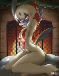 absol anthro bdsm bondage bound covered_breasts female fireplace generation_3_pokemon hands_behind_head hi_res holly_(plant) kneeling looking_at_viewer nintendo nude pillow plant pokemon pokemon_(species) red_eyes ribbon_bondage ribbons rilex_lenov solo