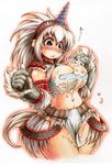  blush breasts cleavage cum curvy detached_sleeves elbow_gloves gloves horn huge_breasts ibukichi kirin_(armor) midriff monster_hunter navel solo suggestive_fluid white_hair 