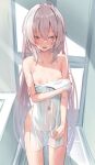  1girl absurdres after_bathing blush breasts collarbone covering_privates eyes_visible_through_hair grey_hair hair_between_eyes highres holding_own_arm indoors long_hair looking_at_viewer navel nipples nude_cover open_mouth original pink_eyes sajin_(user_pvrm4582) see-through_towel small_breasts solo thigh_gap towel very_long_hair wet 