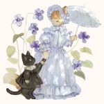  animal animal_focus barefoot black_cat black_dress blue_bow blue_dress blue_flower blue_ribbon bonnet bow cat clothed_animal dress flower frilled_bonnet frilled_dress frilled_shirt_collar frilled_sleeves frills grey_eyes highres holding holding_hands holding_parasol layered_dress long_dress neck_ribbon no_humans original parasol ribbon sleeve_cuffs slit_pupils tono_(rt0no) toto_noir umbrella 