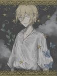  1boy blonde_hair blue_butterfly blue_eyes bug butterfly cloud collared_shirt ensemble_stars! gold_border leaf long_sleeves looking_at_viewer male_focus night night_sky ntec231 parted_lips plant shirt short_hair sky solo teeth tenshouin_eichi white_shirt 