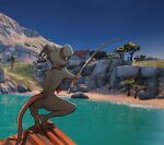 anthro blurred_background breasts camille_(fortnite) colored crouching day digital_media_(artwork) ear_piercing ear_ring epic_games female fishing fishing_rod fortnite full-length_portrait fur gompami grey_body grey_fur hi_res lake mammal mostly_nude murid murine outside piercing portrait rat rear_view ring_piercing rodent shaded small_breasts solo tail tie_only whiskers