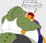 alligator alligatorid anthro belly big_belly blush clothing cody_(swat_the_fox) crocodilian dragon duo embrace eon54 hi_res hug jagged_(eon54) male male/male obese obese_anthro obese_male overweight overweight_anthro overweight_male reptile scalie size_difference skinny smaller_male smile soft_belly swat_the_fox tail