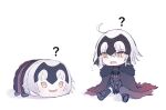  1girl ? ahoge armor black_armor black_cape black_thighhighs cape character_pillow chibi fang fate/grand_order fate_(series) flying_sweatdrops fur-trimmed_cape fur_trim headpiece highres jeanne_d&#039;arc_alter_(avenger)_(fate) jeanne_d&#039;arc_alter_(avenger)_(first_ascension)_(fate) jeanne_d&#039;arc_alter_(fate) mini_person minigirl nesoberi open_mouth pillow roro_982 short_hair simple_background skin_fang solo thighhighs torn_cape torn_clothes white_background white_hair yellow_eyes 