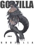  1girl animal_legs black_hair breasts character_name copyright_name dark-skinned_female dark_skin fangs fangs_out full_body godzilla godzilla_(series) grey_eyes grey_hair highres huge_breasts jinri_shijie large_breasts long_hair long_tail monster_girl multicolored_hair o-ring o-ring_top personification solo spines tail two-tone_hair 
