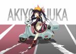  1girl absurdres akira_(blue_archive) akira_(manga) akira_slide apron black_hair black_horns blue_archive character_name dress driving frilled_dress frills head_scarf highres horns johnnysubsonic long_hair long_sleeves looking_at_viewer motor_vehicle motorcycle open_mouth red_eyes scooter shoes simple_background solo vespa 