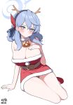 1girl absurdres ako_(blue_archive) antlers artist_name bell belt black_hairband blue_archive blue_eyes blue_hair blue_halo blush breasts brown_belt cleavage closed_mouth dated hair_between_eyes hairband halo hand_on_own_chest highres large_breasts long_hair myeolchi neck_bell reindeer_antlers santa_costume signature simple_background sitting solo white_background yokozuwari 