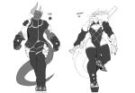 agitype01 anthro biped clothed clothing dragon duo hair holding_object holding_weapon male monochrome simple_background tail weapon white_background