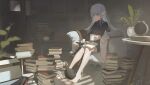  &gt;_&lt; 1girl =_= absurdres armchair bare_legs barefoot black_sweater blue_eyes blurry blurry_background blurry_foreground book book_stack breasts bug butterfly chair clock closed_mouth commentary creature cross cup english_commentary full_body grey_hair hair_between_eyes highres holding holding_book holding_cup indoors jewelry lanchuan latin_cross leaf long_hair long_sleeves looking_down medium_breasts mug necklace open_book original plant pointy_ears potted_plant reading shorts sitting solo sunlight sweater table thea_(nekojira) turtleneck turtleneck_sweater wide_shot 