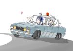  2girls absurdres alfa_romeo alfa_romeo_giulia blue_archive blue_eyes blue_hair blue_headwear braid car doughnut driving food fubuki_(blue_archive) grey_headwear hat highres holding_walkie-talkie jacket johnnysubsonic kirino_(blue_archive) long_hair long_sleeves motor_vehicle multicolored_hair multiple_girls necktie open_clothes open_jacket open_mouth police_hat purple_necktie red_eyes simple_background streaked_hair twintails walkie-talkie white_hair white_jacket 