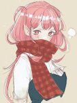  1girl blush commentary_request fire_emblem fire_emblem:_three_houses grey_background highres hilda_valentine_goneril hk_539099410 long_hair looking_at_viewer pink_eyes pink_hair red_scarf scarf shirt simple_background solo upper_body very_long_hair white_shirt 