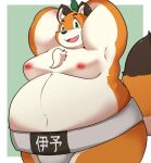 2023 anthro asian_clothing belly big_belly canid canine clothing east_asian_clothing fox hi_res iyo_(tamacolle) japanese_clothing kemono kusosensei leaf male mammal mawashi moobs nipples overweight overweight_male simple_background solo sumo sumo_wrestler tamacolle