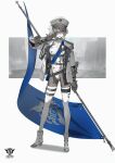  1girl armor blue_flag blue_sash boots character_request emblem falslander flag greaves hat high_heel_boots high_heels highres holding holding_flag jacket leotard looking_at_viewer medal military_jacket military_uniform neco peaked_cap sash solo thighhighs uniform white_hair white_thighhighs 