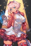  1girl blue_eyes collar elphelt_valentine guilty_gear guilty_gear_strive hairband hungry_clicker jacket leather leather_jacket legs_apart microphone open_clothes open_jacket pink_jacket spiked_collar spiked_hairband spikes thighs white_hair wide_hips 