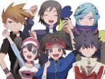 1girl 5boys :d ;d aria_pkmn blue_jacket blue_mittens blue_oak blue_scarf bright_pupils brown_eyes brown_hair calem_(pokemon) clenched_hand closed_eyes collared_shirt commentary_request double_bun green_eyes grusha_(pokemon) hair_bun highres holding_another&#039;s_wrist hugh_(pokemon) jacket mittens multiple_boys nate_(pokemon) one_eye_closed open_mouth pokemon pokemon_bw2 pokemon_frlg pokemon_sv pokemon_xy red_headwear rosa_(pokemon) scarf shirt short_hair smile striped striped_scarf teeth tongue turtleneck turtleneck_jacket twintails upper_teeth_only visor_cap white_background white_pupils wristband zipper_pull_tab 