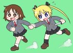  2girls :d anger_vein black_bow black_skirt black_socks blonde_hair blue_eyes blush bow bright_pupils brown_eyes brown_footwear brown_hair bseibutsu buttons commentary_request dust_cloud flat_chest flying_sweatdrops full_body green_background grey_jacket hair_bow holding holding_knife jacket kill_me_baby knife loafers long_hair looking_afar looking_at_another medium_bangs multiple_girls necktie open_mouth oribe_yasuna pleated_skirt red_necktie round_teeth running school_uniform shoes short_hair simple_background skirt smile socks sonya_(kill_me_baby) teeth twintails upper_teeth_only v-shaped_eyebrows white_pupils white_socks 