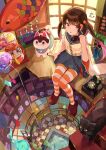  1girl absurdres antique_phone black_cat blue_skirt brown_hair cat checkered_floor daruma_doll fish fish_hair_ornament hair_ornament highres holding holding_phone original phone pink_eyes rotary_phone sitting skirt solo striped striped_thighhighs tamago_nezumi thighhighs twintails 