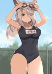  1girl adjusting_eyewear animal_ears arms_up black_one-piece_swimsuit blush breasts closed_mouth commentary_request commission grey_hair hair_over_one_eye highres long_hair looking_at_viewer one-piece_swimsuit original outdoors school_swimsuit skeb_commission solo spring2013 swimsuit yellow_eyes 