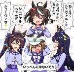  4girls :3 ^_^ adelie_penguin_bullying ahoge animal_ears black_hair blue_hair blue_ribbon bob_cut bow bowtie breasts brown_hair cheval_grand_(umamusume) closed_eyes dark_blue_hair ear_covers ear_piercing ears_through_headwear flower_ornament hair_between_eyes hair_ribbon hat horse_ears horse_girl horseshoe_ornament inverted_bob kitasan_black_(umamusume) large_breasts long_hair long_sleeves multicolored_hair multiple_girls peaked_cap piercing purple_eyes purple_serafuku purple_shirt red_ribbon ribbon sailor_collar sailor_hat sailor_shirt school_uniform seki_(hyokosho) serafuku shirt short_hair siblings single_ear_cover sisters streaked_hair tracen_school_uniform twintails twitter_username two-tone_hair umamusume verxina_(umamusume) vivlos_(umamusume) white_bow white_bowtie white_hair white_headwear 