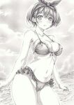  1girl bikini blush bow breasts cleavage covered_nipples front-tie_bikini_top front-tie_top graphite_(medium) hair_bow kanojo_okarishimasu looking_at_viewer mikuro monochrome navel ocean sarashina_ruka short_hair solo swimsuit traditional_media water 