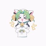  &gt;_&lt; 1girl :d animal_hat bell cat_hat dejiko di_gi_charat green_hair hair_intakes hat highres holding holding_clothes holding_shirt mittens morizo_(morizoshop) neck_bell open_mouth puffy_short_sleeves puffy_sleeves shirt short_hair short_sleeves simple_background smile solo t-shirt white_background white_headwear white_mittens white_shirt 