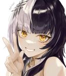  1girl absurdres bare_shoulders black_hair eyelashes highres hololive hololive_english long_hair looking_at_viewer multicolored_hair santafe99 shiori_novella signature smile solo split-color_hair twitter_username virtual_youtuber w white_hair yellow_eyes 