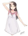  1girl :o arm_up black_hair brown_eyes cropped_legs dated dress long_hair maze_(gochama_ze_gohan) original purple_shirt shirt signature simple_background sleeveless sleeveless_shirt solo white_background white_dress 