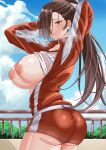  1girl absurdres arms_behind_head ass ass_peek bloomers blue_sky blush breasts breasts_out brown_eyes brown_hair clothes_lift cloud commission fence fire_emblem fire_emblem_fates gym_shorts gym_uniform hair_over_one_eye highres jacket kagero_(fire_emblem) large_breasts long_hair looking_at_viewer mature_female nipples outdoors ponytail railing red_bloomers rynn_(darknescorez) shirt shirt_lift shorts sky solo sportswear steaming_body sweat track_jacket tree undersized_clothes white_shirt 