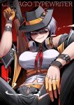  1girl black_headwear black_pants breasts cigarette english_text girls&#039;_frontline glasses gloves grey_hair gun highres large_breasts looking_at_viewer pants red_background red_eyes senpaihawkkun shirt smile smoking solo stomach submachine_gun thompson_(girls&#039;_frontline) thompson_submachine_gun unzipped weapon white_shirt yellow_gloves 