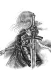  1girl absurdres armor armored_dress artoria_pendragon_(fate) drawing dress excalibur_(fate/stay_night) fate/stay_night fate_(series) gauntlets highres holding holding_sword holding_weapon ibushi_roun knight monochrome saber_(fate) simple_background sword weapon 