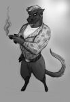 absurd_res anthro clothed clothing facial_hair greyscale hi_res male manodragora mature_male monochrome rourik sampsonstorm smoking solo