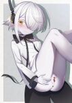  1girl :3 anus ass bar_censor blue_archive blush bottomless censored closed_mouth feet_out_of_frame grey_background grey_hair hair_over_one_eye highres jacket legs_up long_sleeves looking_at_viewer nose_blush orange_eyes pale_skin pussy robot_ears sof_(blue_archive) solo spread_pussy symbol-shaped_pupils two-tone_background uneg white_jacket wide_sleeves x-shaped_pupils 