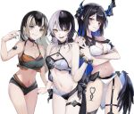  3girls asymmetrical_horns bare_shoulders bikini black_choker black_hair blue_eyes blue_hair breasts caicos choker colored_inner_hair crossed_arms grey_hair highres hololive hololive_dev_is hololive_english horns juufuutei_raden large_breasts long_hair looking_at_viewer medium_breasts multicolored_hair multiple_girls nail_polish nerissa_ravencroft red_eyes shiori_novella split-color_hair streaked_hair swimsuit tattoo uneven_horns virtual_youtuber white_background 
