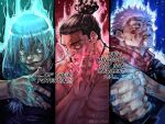  3boys akutami_gege aura battle black_hair blowing_kiss clenched_hand colorized english_text head_tilt heart highres itadori_yuuji jujutsu_kaisen licking_blood mahito_(jujutsu_kaisen) male_focus multiple_boys muscular muscular_male pectorals scar scar_across_eye serious short_hair sideburns spoilers spoken_heart toudou_aoi_(jujutsu_kaisen) undercut upper_body vihurah 