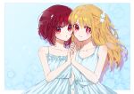  2girls absurdres arima_kana blonde_hair blue_background bob_cut closed_mouth dress highres hoshino_ruby inverted_bob looking_at_viewer multiple_girls oshi_no_ko red_eyes red_hair short_hair simple_background smile white_dress xiang_yu_pai 