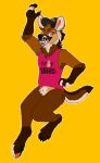 2018 absurd_res akamai_(maligaytor) anthro arm_above_head armpit_hair baseball_cap black_claws black_clothing black_hat black_headwear black_nose black_pawpads body_hair bottomless brown_body brown_eyebrows brown_fur canid canine canis cheek_tuft circle_eyebrows claws clothed clothing crotch_tuft digital_drawing_(artwork) digital_media_(artwork) digitigrade english_text eyebrows facial_tuft fangs featureless_crotch finger_claws fist flat_colors full-length_portrait fur gradient_eyes grey_claws handpaw hat head_tuft headgear headwear hi_res hindpaw hybrid jackal looking_at_viewer male maligaytor mammal maned_wolf narrowed_eyes open_mouth outline pawpads paws pink_clothing pink_eyes pink_pawpads pink_shirt pink_tank_top pink_tongue pink_topwear portrait sharp_teeth shirt simple_background solo tail tan_body tan_fur tank_top teeth text text_on_clothing text_on_shirt text_on_tank_top text_on_topwear toe_claws tongue toothy_grin topwear tuft white_outline yellow_background yellow_eyes