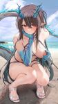  1girl arknights arm_tattoo beach bikini blue_skin blue_sky blush breasts cleavage cloud cloudy_sky colored_skin commentary crossed_bangs dragon_girl dragon_horns dragon_tail dusk_(arknights) ear_blush earrings feet green_hair hair_between_eyes hair_rings head_rest highres horns jewelry large_breasts looking_at_viewer multicolored_hair nail_polish nipples o-ring o-ring_bikini outdoors pointy_ears red_eyes ru_zhai sand sandals skindentation sky solo squatting streaked_hair swimsuit tail tattoo thighs toeless_footwear toenail_polish toenails toes water wet wet_hair white_bikini white_footwear 