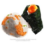  artist_name copyright_notice egg_yolk email_address food food_focus highres no_humans nori_(seaweed) onigiri original rice salmon simple_background uroyama_(macrophage) white_background 